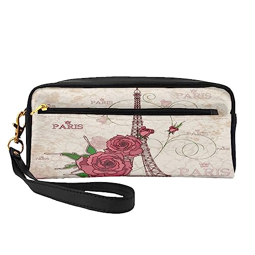 Kleine Make-up-Tasche aus Leder, Orchidee, Kosmetiktasche, Geldbörse, Reise-Make-up-Tasche mit Reißverschluss für Damen, Eiffelturm Rose Blume, Makeup Bag von ASEELO