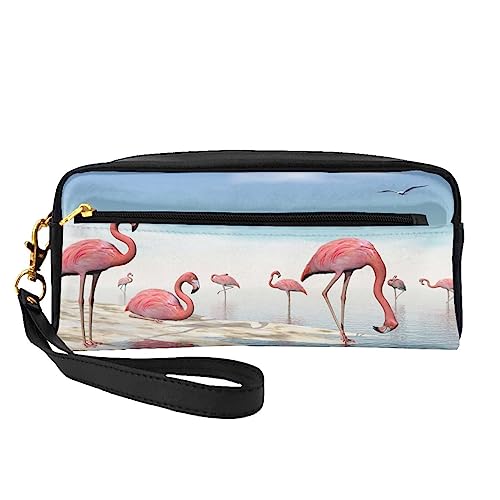 Kleine Make-up-Tasche aus Leder, Pfauenfedern, Elefant, Kosmetiktasche, Geldbörse, Reise-Make-up, Reißverschlusstasche für Frauen, Flock of Pink Flamingos on the Beach, Makeup Bag von ASEELO