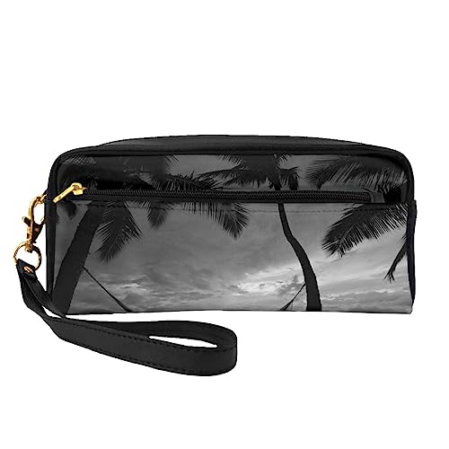 Kleine Make-up-Tasche aus Leder, Schwarz und Weiß, Blumen, Kosmetiktasche, Geldbörse, Reise-Make-up-Tasche mit Reißverschluss für Frauen, Schwarz und Weiß Strand, Makeup Bag von ASEELO