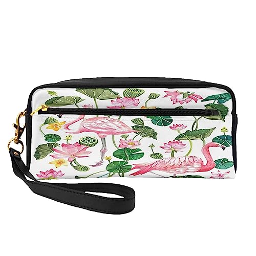 Kleine Make-up-Tasche aus Leder, bunte Ziegelstein-Kosmetiktasche, Geldbörse, Reise-Make-up-Tasche mit Reißverschluss für Frauen, Flamingo Vogel Runde Blätter, Makeup Bag von ASEELO