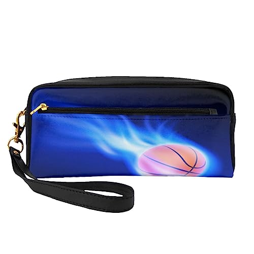 Kleine Make-up-Tasche aus Leder, buntes Schmetterlingsmuster, Kosmetiktasche, Geldbörse, Reise-Make-up-Tasche mit Reißverschluss für Frauen, Blue Fire Basketball Ball, Makeup Bag von ASEELO