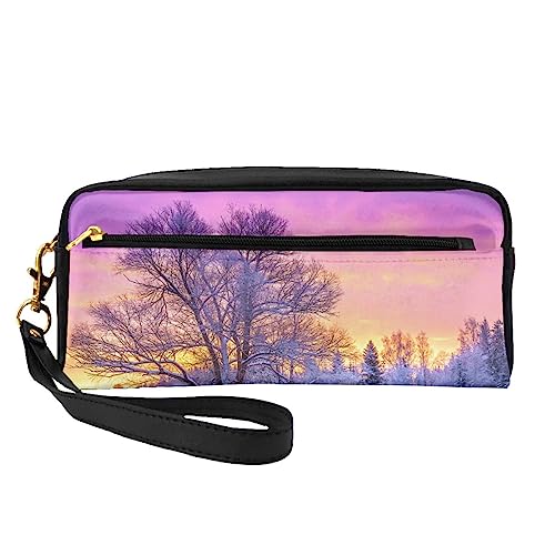 Kleine Make-up-Tasche aus Leder, mit grünem Gras, Kosmetiktasche, Geldbörse, Reise-Make-up-Tasche mit Reißverschluss für Damen, Winterlandschaft, Makeup Bag von ASEELO