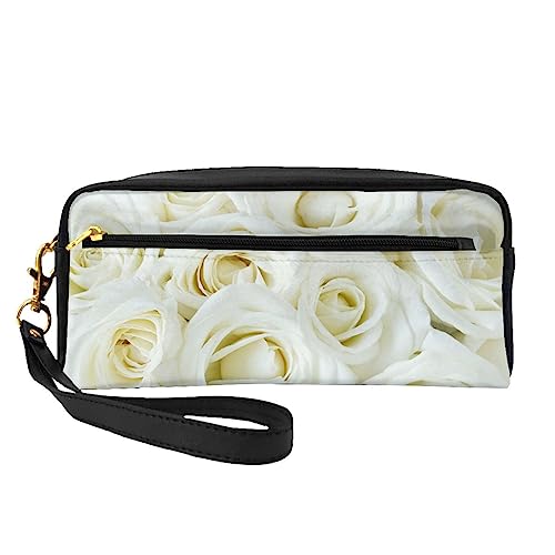 Kleine Make-up-Tasche aus Leder, mit grünem Gras, Kosmetiktasche, Geldbörse, Reise-Make-up-Tasche mit Reißverschluss für Damen, white rose, Makeup Bag von ASEELO