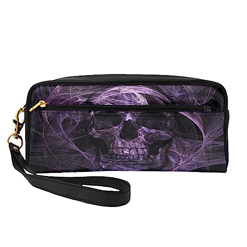 Kleine Make-up-Tasche aus Leder, niedliche Kuh, Kosmetiktasche, Geldbörse, Reise-Make-up-Tasche mit Reißverschluss für Frauen, Lila Totenkopf, Makeup Bag von ASEELO