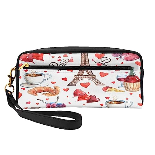 Kleine Make-up-Tasche aus Leder, niedlicher Mops-Hund, Kosmetiktasche, Geldbörse, Reise-Make-up-Tasche mit Reißverschluss für Frauen, Love Paris Tower Coffee Wine Parfüm Fahrrad Herz, Makeup Bag von ASEELO