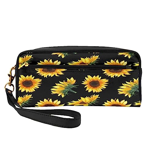 Kleine Make-up-Tasche aus Leder, niedlicher Mops-Hund, Kosmetiktasche, Geldbörse, Reise-Make-up-Tasche mit Reißverschluss für Frauen, Sonnenblumenblühende Blumen Pflanzen schwarz und gelb, Makeup Bag von ASEELO