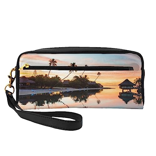 Kleine Make-up-Tasche aus Leder, niedlicher Mops-Hund, Kosmetiktasche, Geldbörse, Reise-Make-up-Tasche mit Reißverschluss für Frauen, Tropical Sunset, Makeup Bag von ASEELO