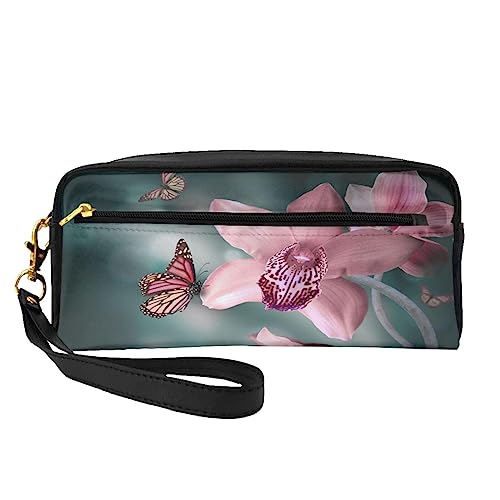 Kleine Make-up-Tasche aus Leder für Strand, Palme, Stühle, Boote, Kosmetiktasche, Geldbörse, Reise-Make-up, Reißverschlusstasche für Frauen, Orchidee Blume Schmetterling Soft Fresh Spring, Makeup Bag von ASEELO