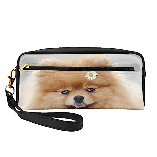 Kleine Make-up-Tasche aus Leder mit Kunst-Gitarren-Muster, Kosmetiktasche, Geldbörse, Reise-Make-up-Tasche mit Reißverschluss für Frauen, Pommerischer Hund, Makeup Bag von ASEELO