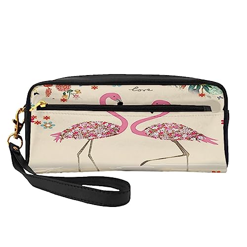 Kleine Make-up-Tasche aus Leder mit Schmetterlings-Motiv, Kosmetiktasche, Geldbörse, Reise-Make-up-Tasche mit Reißverschluss für Damen, Flamingos und Blumen, Makeup Bag von ASEELO