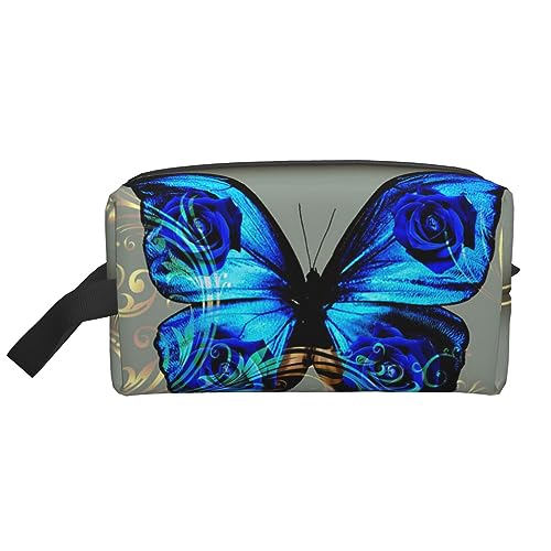 Kosmetiktasche mit 3D-Blumenmotiv, Aufbewahrungstasche, Geldbörse, Reise-Make-up-Tasche mit Reißverschluss für Damen, blau mit schmetterlingen, storage bag von ASEELO