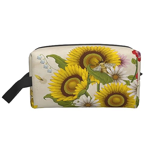 Kosmetiktasche mit Seestern, Muschel, Strand, Kosmetiktasche, Aufbewahrungstasche, Geldbörse, Reise-Make-up-Tasche mit Reißverschluss für Damen, Bienen Sonnenblumen Gänseblümchen Rose Blumen, storage von ASEELO