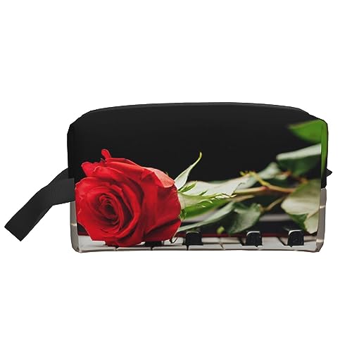 Kosmetiktasche mit süßem Schwein, Kosmetiktasche, Aufbewahrungstasche, Geldbörse, Reise-Make-up-Tasche mit Reißverschluss für Damen, Rote Rose auf Klavier, storage bag von ASEELO