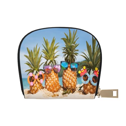 Kreditkartenetui Mädchen an einem windigen Strand Leder Shell Kartenhalter Geldbörse für Damen oder Herren mit Reißverschluss, Ananas Fruit Sonnenbrille Sand Beach, Leather Shell Card Bag von ASEELO