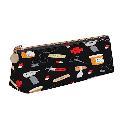 Leder Dreieck Federmäppchen Cartoon Medizin Muster Schreibwaren Bleistift Tasche Make-up Tasche Tragbare Büro Schreibwaren Tasche für Teens Mädchen Erwachsene, Cartoon-Medizin-Muster, Leather Pencil Case, Kosmetikkoffer von ASEELO