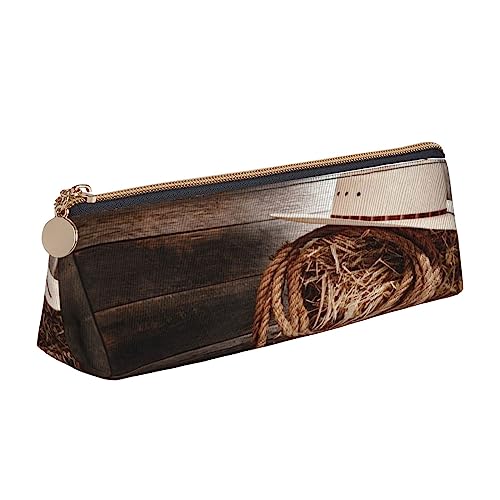 Leder Dreieck Federmäppchen Donner Landschaft Schreibwaren Bleistift Tasche Make-up Tasche Tragbare Büro Schreibwaren Tasche für Teens Mädchen Erwachsene, American West Rodeo Hut, Leather Pencil Case, Kosmetikkoffer von ASEELO