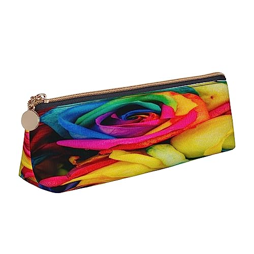 Leder Dreieck Federmäppchen Horror Muster auf lila Hintergrund Schreibwaren Bleistift Tasche Make-up Tasche Tragbare Büro Schreibwaren Tasche für Teens Mädchen Erwachsene, Rainbow Rose, Leather Pencil Case, Kosmetikkoffer von ASEELO