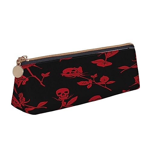 Leder Dreieck Federmäppchen Klassische Schlangenhaut Schreibwaren Bleistifttasche Make-up Tasche Tragbare Büro Schreibwaren Tasche für Teens Mädchen Erwachsene, Totenkopf Rose, Leather Pencil Case, Kosmetikkoffer von ASEELO