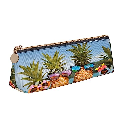 Leder Dreieck Federmäppchen Laufen Zebra Schreibwaren Bleistift Tasche Make-up Tasche Tragbare Büro Schreibwaren Tasche für Teens Mädchen Erwachsene, Ananas Fruit Sonnenbrille Sand Beach, Leather Pencil Case, Kosmetikkoffer von ASEELO