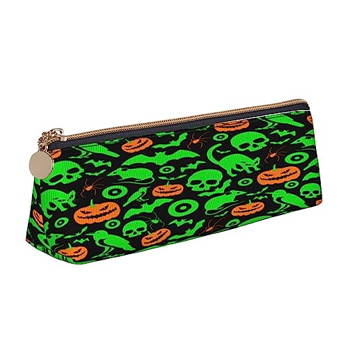 Leder Dreieck Federmäppchen Niedlich Mops Hund Schreibwaren Bleistift Tasche Make-up Tasche Tragbare Büro Schreibwaren Tasche für Teens Mädchen Erwachsene, Green Ghost Horror Halloween Kürbis, Leather Pencil Case, Kosmetikkoffer von ASEELO