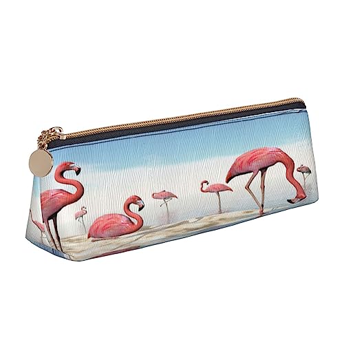 Leder Dreieck Federmäppchen Pfauenfedern Elefant Schreibwaren Bleistift Tasche Make-up Tasche Tragbare Büro Schreibwaren Tasche für Teens Mädchen Erwachsene, Flock of Pink Flamingos on the Beach, Leather Pencil Case, Kosmetikkoffer von ASEELO