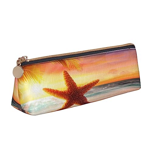 Leder Dreieck Federmäppchen Sea Pearl Schreibwaren Bleistifttasche Make-up Tasche Tragbare Büro Schreibwaren Tasche für Teens Mädchen Erwachsene, Sunset Afterglow Yellow Seestern, Leather Pencil Case, Kosmetikkoffer von ASEELO