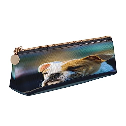 Leder Dreieck Federmäppchen Sonnenblume Muster Schreibwaren Bleistift Tasche Make-up Tasche Tragbare Büro Schreibwaren Tasche für Teens Mädchen Erwachsene, Niedliche Bulldogge, Leather Pencil Case, Kosmetikkoffer von ASEELO