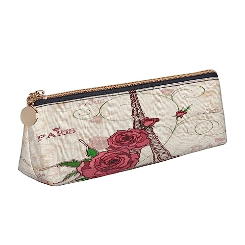 Leder Dreieck Federmäppchen Spa Dorf of Floral Wasser Bad Salz Kerzen Schreibwaren Bleistift Tasche Make-up Tasche Tragbare Büro Schreibwaren Tasche für Teens Mädchen Erwachsene, Eiffelturm Rose Blume, Leather Pencil Case, Kosmetikkoffer von ASEELO