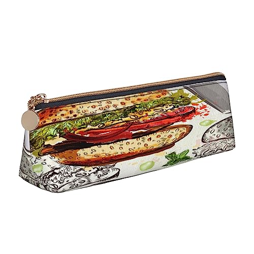 Leder Dreieck Federmäppchen Spa Dorf of Floral Wasser Bad Salz Kerzen Schreibwaren Bleistift Tasche Make-up Tasche Tragbare Büro Schreibwaren Tasche für Teens Mädchen Erwachsene, Funny Food Hamburger und Tassen, Leather Pencil Case, Kosmetikkoffer von ASEELO