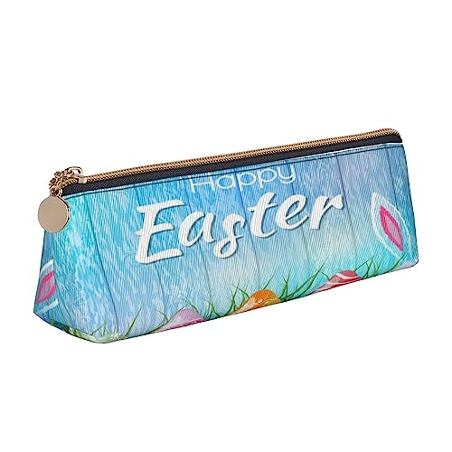 Leder Dreieck Federmäppchen Spa Dorf of Floral Wasser Bad Salz Kerzen Schreibwaren Bleistift Tasche Make-up Tasche Tragbare Büro Schreibwaren Tasche für Teens Mädchen Erwachsene, Ostereier Hase Gras Holz, Leather Pencil Case, Kosmetikkoffer von ASEELO