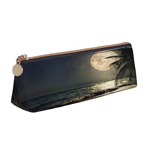 Leder Dreieck Federmäppchen Spa Dorf of Floral Wasser Bad Salz Kerzen Schreibwaren Bleistift Tasche Make-up Tasche Tragbare Büro Schreibwaren Tasche für Teens Mädchen Erwachsene, Tropische Strandpalme mit Vollmond Sternennacht, Leather Pencil Case, Kosmetikkoffer von ASEELO