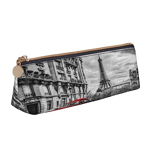 Leder Dreieck Federmäppchen Stadt Straße Rot Retro Auto Schreibwaren Bleistift Tasche Make-up Tasche Tragbare Büro Schreibwaren Tasche für Teens Mädchen Erwachsene, City Street Red Retro Auto, Leather Pencil Case, Kosmetikkoffer von ASEELO