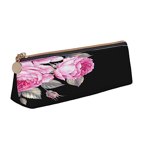 Leder Dreieck Federmäppchen Tropischer Baum Rosa Schreibwaren Bleistifttasche Make-up Tasche Tragbare Büro Schreibwaren Tasche für Teens Mädchen Erwachsene, Rosa Blumen, Leather Pencil Case, Kosmetikkoffer von ASEELO