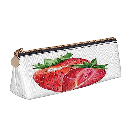 Leder Dreieck Federmäppchen Weihnachtsmann Schreibwaren Federtasche Make-up Tasche Tragbare Büro Schreibwaren Tasche für Teens Mädchen Erwachsene, erdbeere, Leather Pencil Case, Kosmetikkoffer von ASEELO