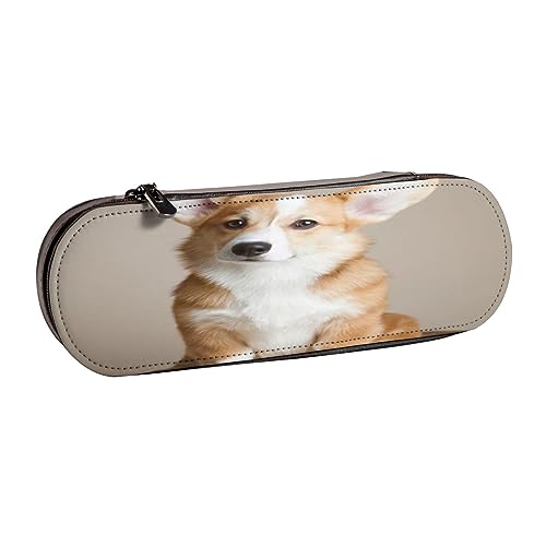 Leder-Federmäppchen, Sonnenblumen, Blumen, Schmetterlinge, Kunst, Schreibwaren, Federmäppchen, Make-up-Tasche, tragbare Büro-Schreibwarentasche für Teenager, Mädchen, Erwachsene, Corgi Dog-beige, von ASEELO