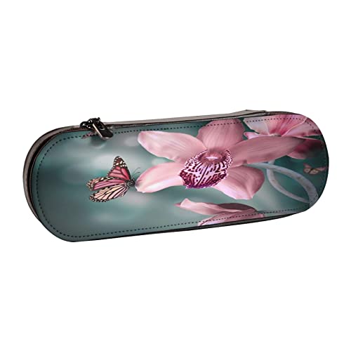 Leder-Federmäppchen, Strand, Palme, Stühle, Boote, Schreibwaren, Bleistifttasche, Make-up-Tasche, tragbare Büro-Schreibwarentasche für Teenager, Mädchen, Erwachsene, Orchidee Blume Schmetterling Soft von ASEELO