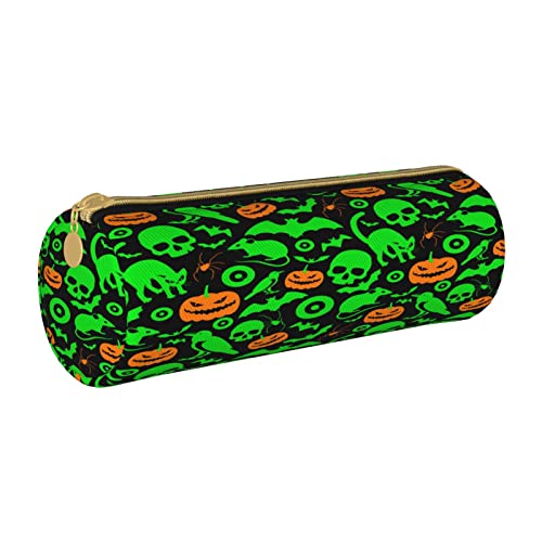 Leder-Federmäppchen, niedlicher Mops-Hund, Schreibwaren, Federmäppchen, Make-up-Tasche, tragbare Büro-Schreibwarentasche für Teenager, Mädchen, Erwachsene, Green Ghost Horror Halloween Kürbis, Leather von ASEELO