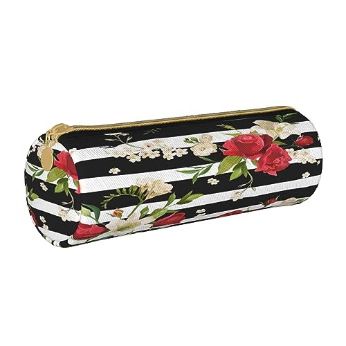 Leder Federmäppchen Auto Schreibwaren Bleistift Tasche Make-up Tasche Tragbare Büro Schreibwaren Tasche für Teenager Mädchen Erwachsene, Schwarz Weiß Streifen Rot Rose Blumen, Leather Pencil Case, von ASEELO