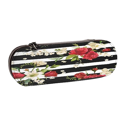 Leder Federmäppchen Auto Schreibwaren Bleistift Tasche Make-up Tasche Tragbare Büro Schreibwaren Tasche für Teenager Mädchen Erwachsene, Schwarz Weiß Streifen Rot Rose Blumen, Leather Pencil Case, von ASEELO