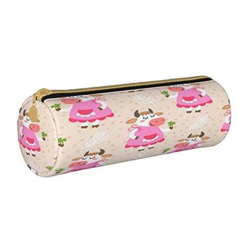 Leder Federmäppchen Bunte Streifen Schreibwaren Bleistift Tasche Make-up Tasche Tragbare Büro Schreibwaren Tasche für Teenager Mädchen Erwachsene, Hübsche rosa Cartoon-Kuh, Leather Pencil Case, Beauty von ASEELO