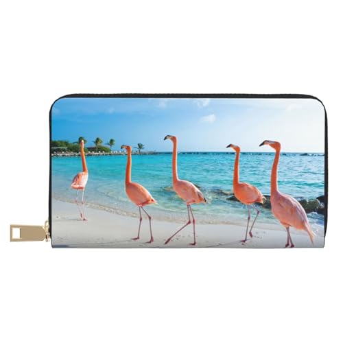 Ledergeldbörse, Münzgeldbörse, Münzbeutel, Tiger, Schwimmen, Leder-Aufbewahrungstasche, Reißverschluss, Geldbeutel, Tasche für Damen, Herren, Kinder, Rosa Flamingo am Strand, Leather Wallet, von ASEELO