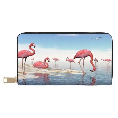 Ledergeldbörse, Münztasche, Münzbeutel, Pfauenfedern, Elefant, Leder-Aufbewahrungstasche, Reißverschluss, Geldbeutel, Tasche für Damen, Herren, Kinder, Flock of Pink Flamingos on the Beach, Leather von ASEELO