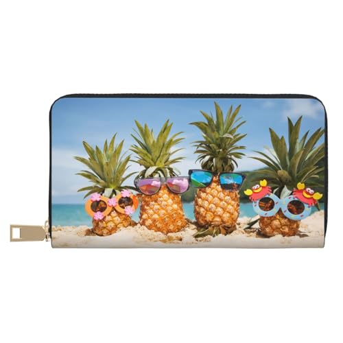 Ledergeldbörse, Münztasche, Münztasche, goldene Sonnenblume, Leder-Aufbewahrungstasche, Reißverschluss, Geldbeutel, Tasche für Damen, Herren, Kinder, Ananas Fruit Sonnenbrille Sand Beach, Leather von ASEELO