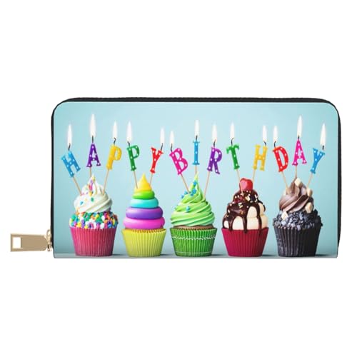 Ledergeldbörse Münzgeldbörse Münzbeutel Happy Corgi Hund Leder Aufbewahrungstasche Reißverschluss Geldbeutel Tasche für Damen Herren Kinder, Bunte Cupcakes mit Aufschrift "Happy Birthday", Leather von ASEELO