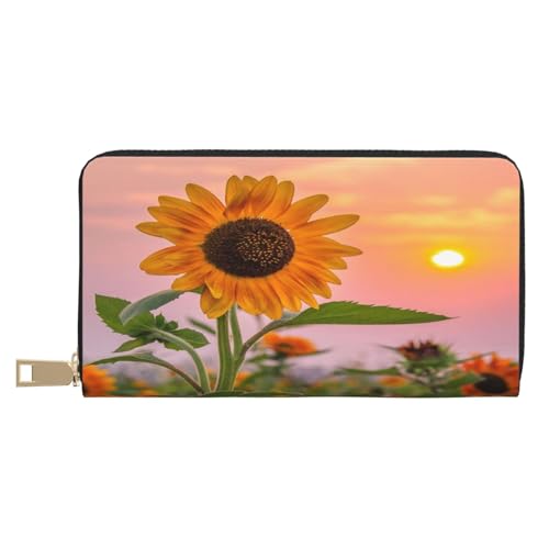 Ledergeldbörse Münzgeldbörse Münztasche Niedliches Schweinsleder Aufbewahrungstasche Reißverschluss Geldbeutel Tasche für Damen Herren Kinder, Sonnenblume mit Sonnenuntergang, Leather Wallet, von ASEELO