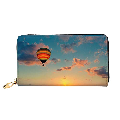 Ledergeldbörse mit Sonnenblumen-Muster, große Damen-Geldbörse aus Leder, mit Reißverschluss, Kartenhalter, Organizer, Damen-Reise-Clutch, Heißluftballon Sonnenuntergang, Einheitsgröße von ASEELO