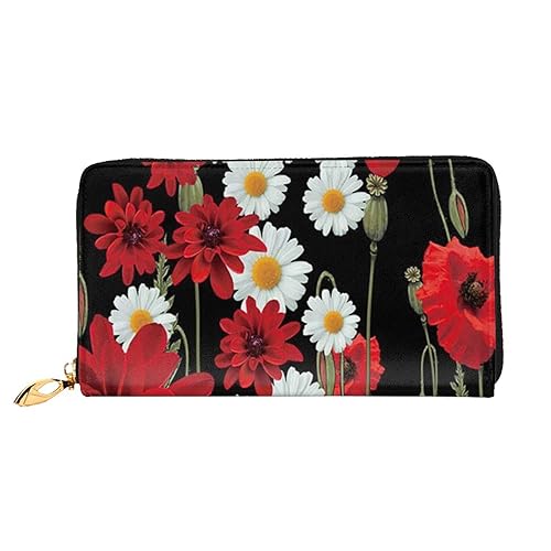 Ledergeldbörse mit roter Tulpe für Münzen, Geldbörse, Aufbewahrungstasche, Reißverschluss, Geldbeutel, Tasche für Damen und Herren, Rote Blume und weiße Gänseblümchen, Leather wallet, Münzbeutel von ASEELO