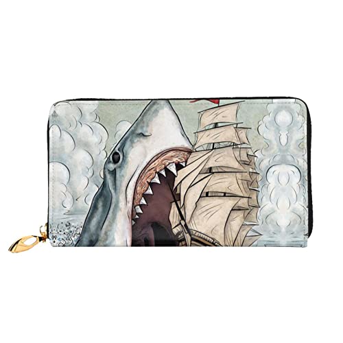 Lustige Ledergeldbörse mit Mops-Muster, Damen-Geldbörse, großer Leder-Reißverschluss, Kartenhalter, Organizer, Damen-Reise-Clutch, Cartoon-Hai frisst Schiff im Ozeanmeer, Einheitsgröße von ASEELO