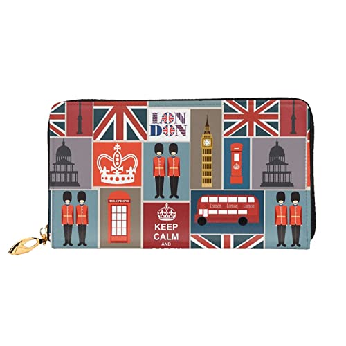 Lustige Ledergeldbörse mit Mops-Muster, Damen-Geldbörse, großer Leder-Reißverschluss, Kartenhalter, Organizer, Damen-Reise-Clutch, England-Symbole, Einheitsgröße von ASEELO