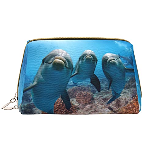 Lustige Make-up-Tasche mit Delfin-Motiv, Reise-Kosmetiktasche, Make-up-Tasche, Leder, tragbar, vielseitig einsetzbar, mit Reißverschluss für Damen, Lustiger Delfin mit Meerestieren, Einheitsgröße von ASEELO